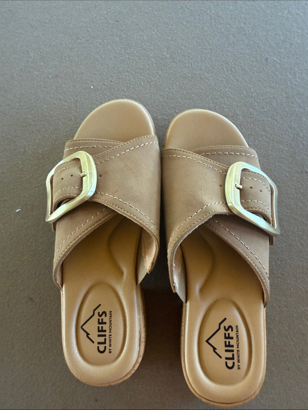 Cliffs by WHITE MOUNTAIN Tan Slide Sandals with Gold Buckle